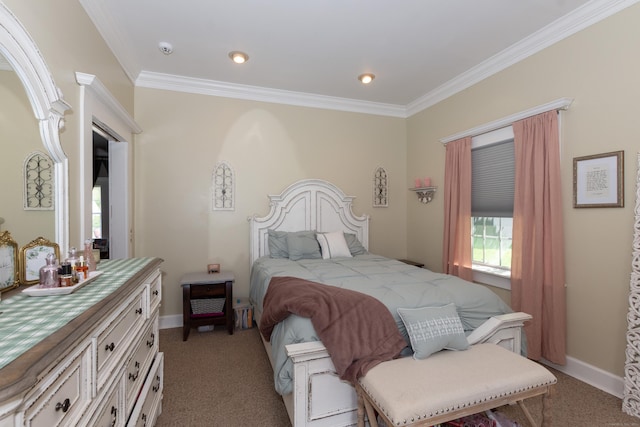 bedroom featuring crown molding and light colored carpet