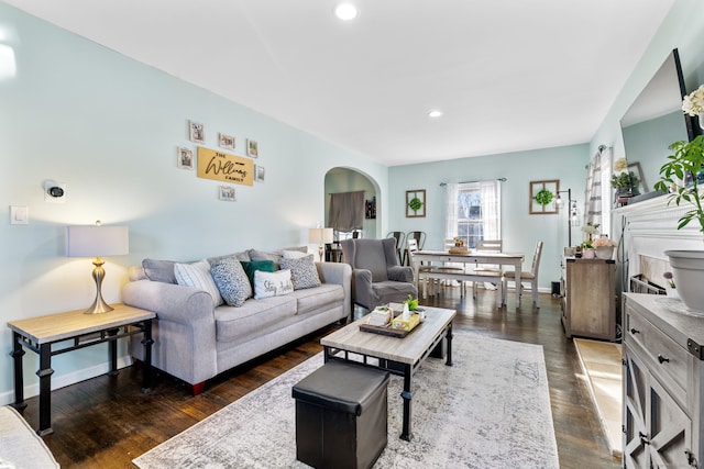 living room with dark hardwood / wood-style floors