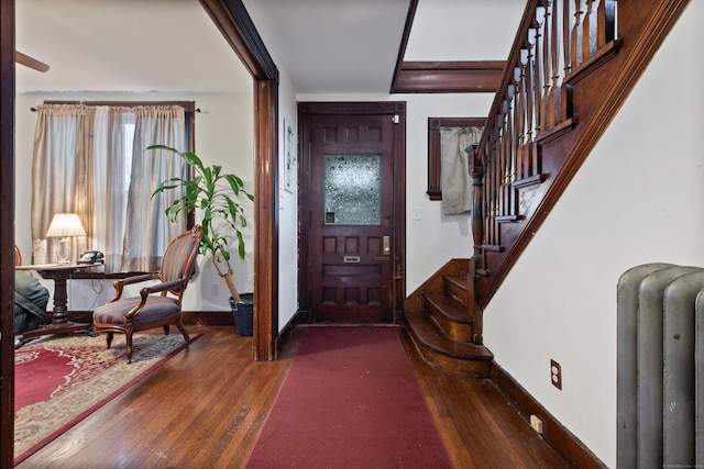 foyer featuring radiator heating unit and dark wood-type flooring