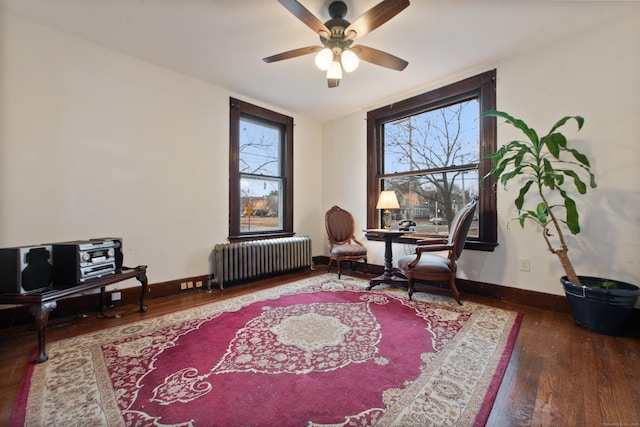 living area with ceiling fan, dark hardwood / wood-style floors, and radiator