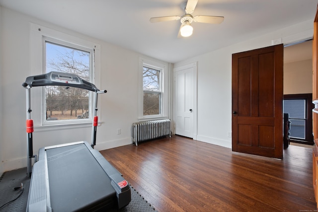 workout area with ceiling fan, dark wood-type flooring, and radiator