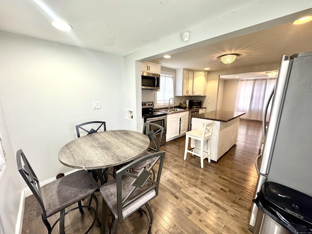 dining room with sink and dark hardwood / wood-style floors