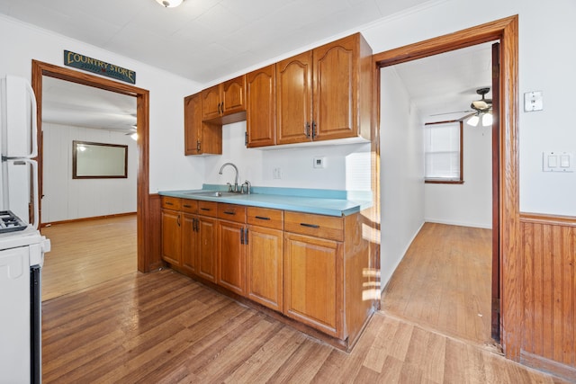 kitchen with wood walls, sink, light hardwood / wood-style floors, and white electric stove