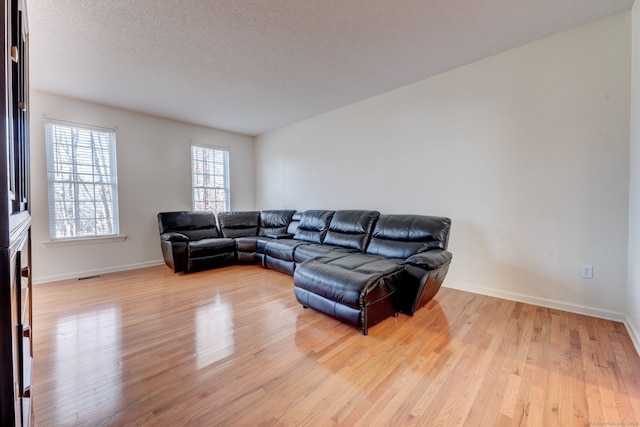 living room with a textured ceiling and light hardwood / wood-style flooring