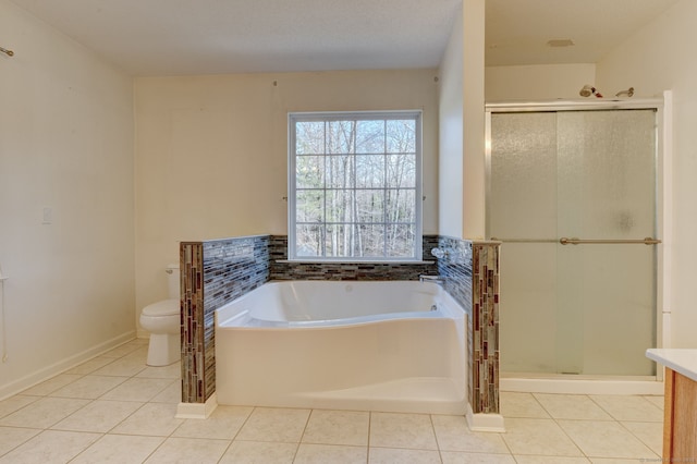 full bathroom featuring tile patterned flooring, plus walk in shower, and toilet