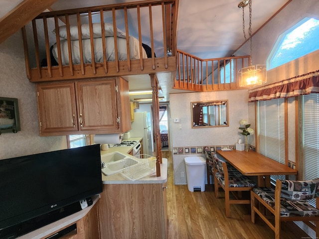 kitchen featuring vaulted ceiling, a healthy amount of sunlight, white fridge, light hardwood / wood-style floors, and hanging light fixtures