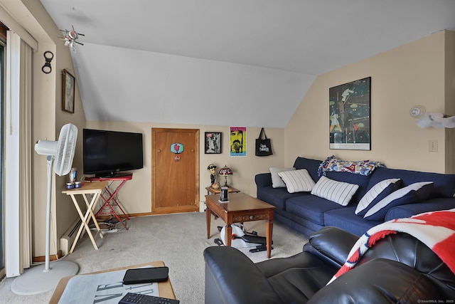 living room with light carpet and vaulted ceiling