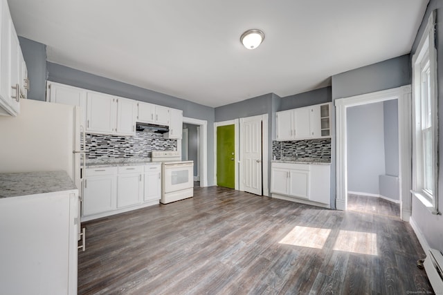 kitchen featuring white cabinets, white appliances, and ventilation hood