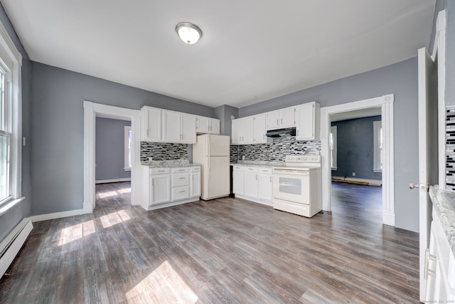 kitchen with white cabinets, tasteful backsplash, white appliances, and a baseboard radiator