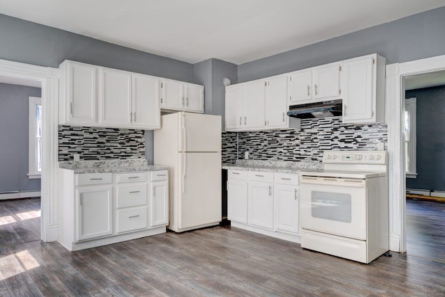 kitchen featuring hardwood / wood-style floors, white appliances, backsplash, white cabinets, and light stone countertops