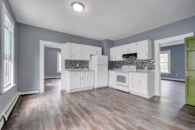 kitchen with white cabinetry, hardwood / wood-style floors, white appliances, and a baseboard heating unit