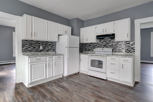 kitchen featuring light stone countertops, dark hardwood / wood-style flooring, white appliances, a baseboard heating unit, and white cabinetry