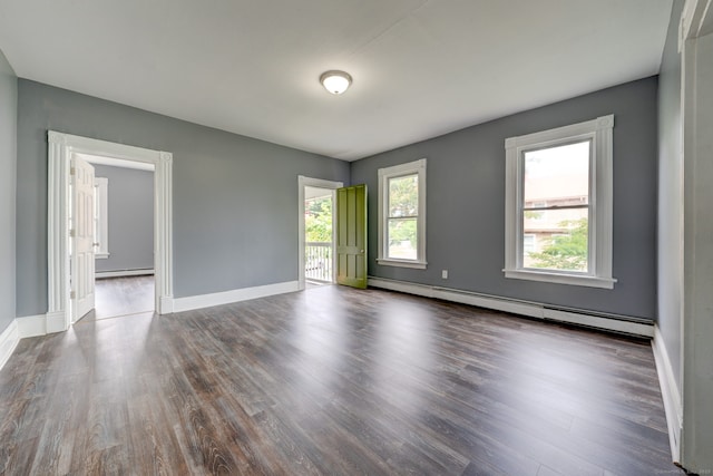 empty room with dark wood-type flooring and a baseboard radiator