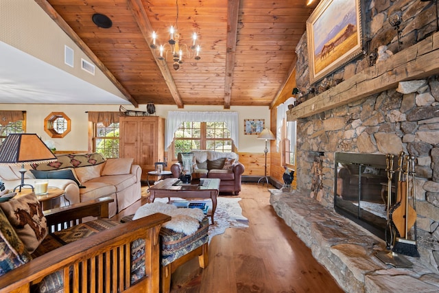 living room with lofted ceiling with beams, hardwood / wood-style flooring, a fireplace, wood ceiling, and a chandelier