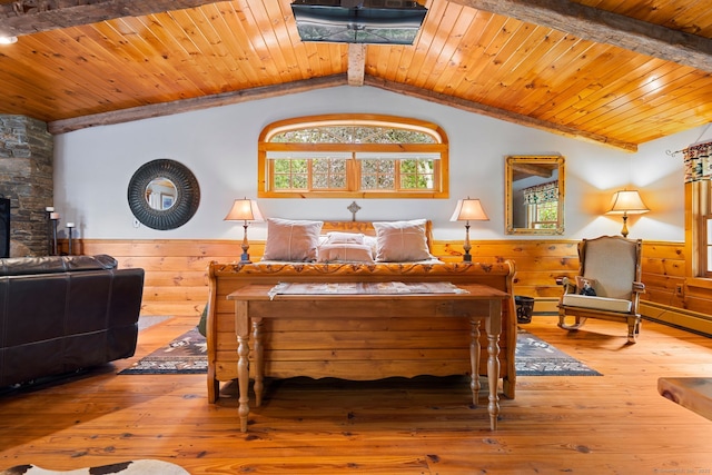 bedroom featuring lofted ceiling with beams, wood walls, wood-type flooring, and wood ceiling