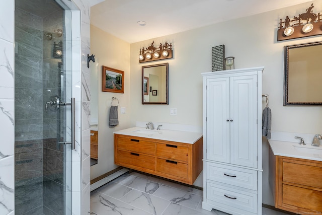 bathroom featuring vanity and a shower with shower door