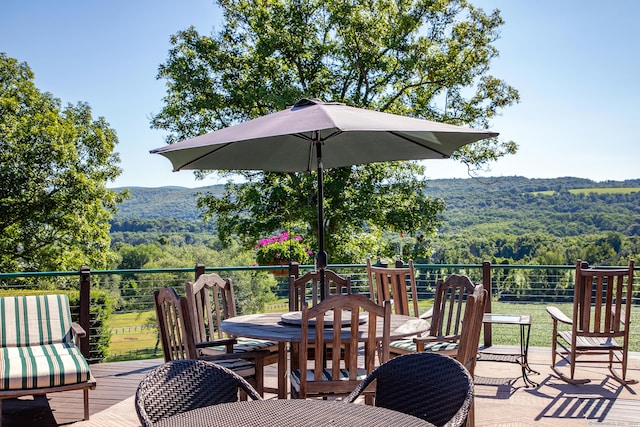 wooden deck with a mountain view