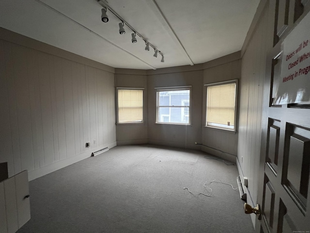 carpeted empty room with rail lighting, wooden walls, and a baseboard heating unit