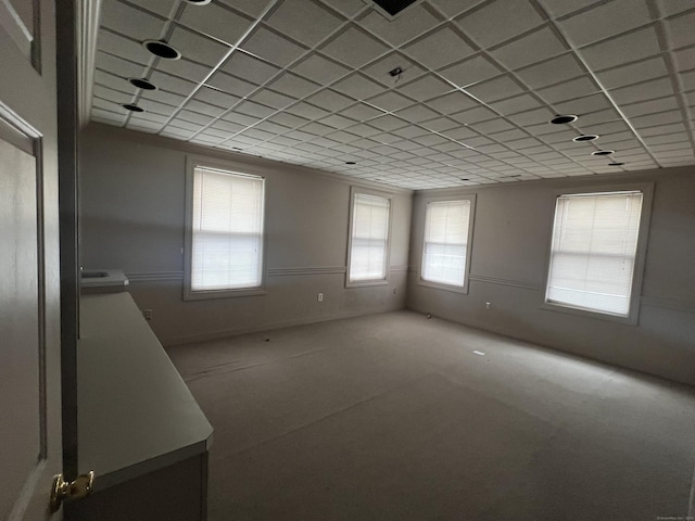 carpeted spare room with a paneled ceiling