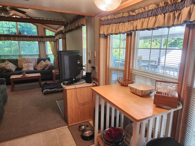 interior space with ceiling fan