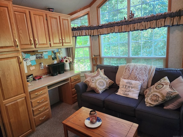 living room featuring built in desk