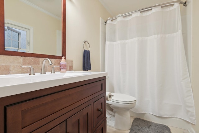 bathroom featuring tasteful backsplash, walk in shower, ornamental molding, vanity, and toilet