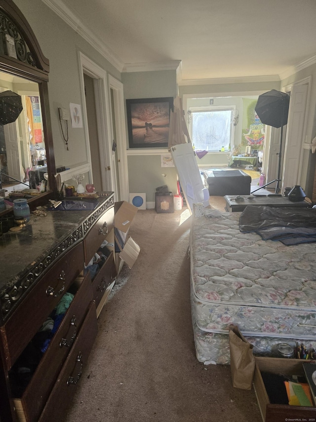 carpeted bedroom featuring crown molding