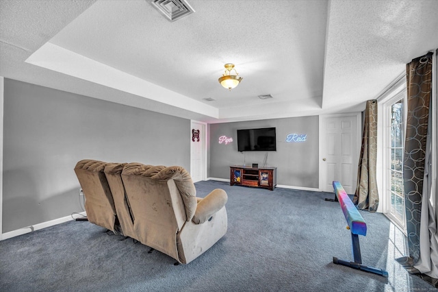 carpeted living room with a raised ceiling and a textured ceiling