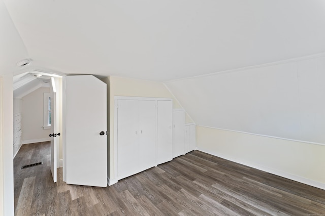 additional living space featuring dark wood-type flooring and lofted ceiling