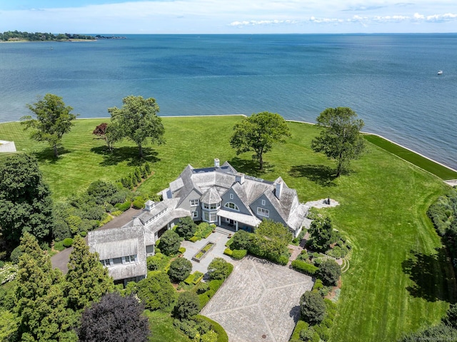 aerial view featuring a water view