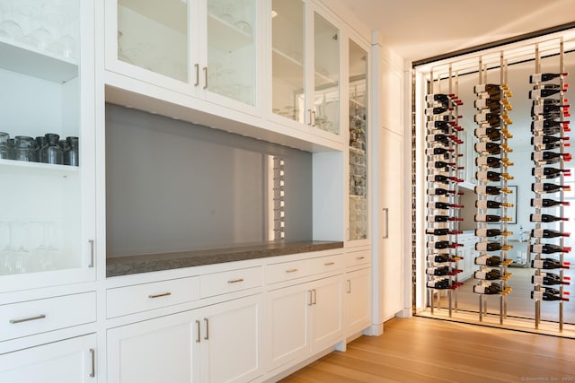 wine cellar with light wood-style flooring