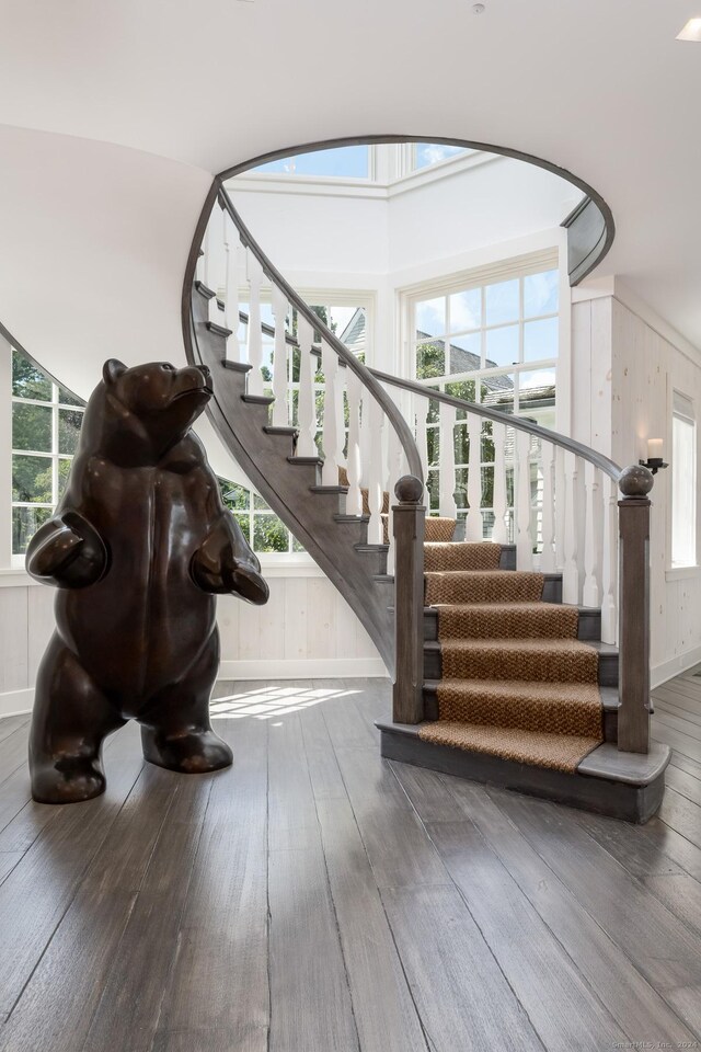 stairs featuring hardwood / wood-style flooring