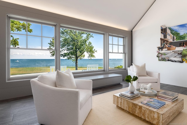 living room with a water view, vaulted ceiling, and wood finished floors