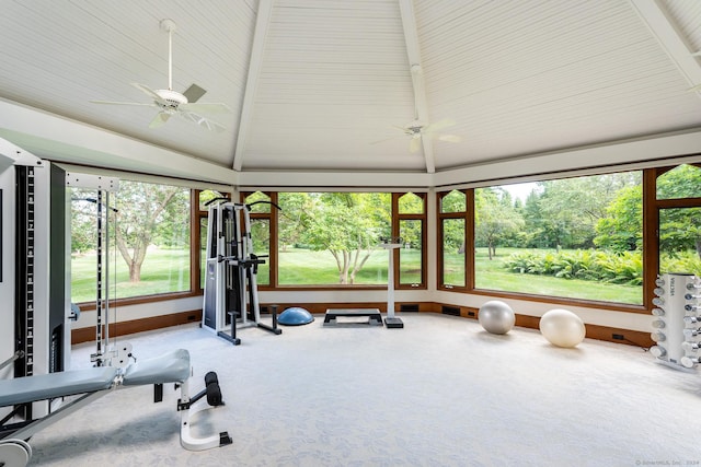 workout room featuring carpet flooring, a wealth of natural light, ceiling fan, and vaulted ceiling