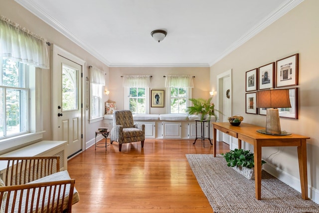 living area featuring ornamental molding, plenty of natural light, and light hardwood / wood-style floors