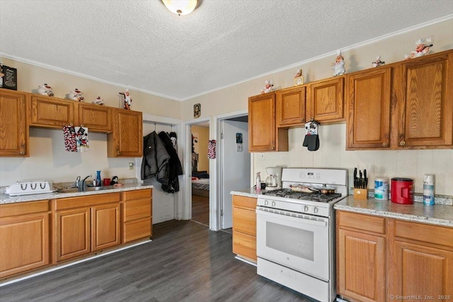 kitchen featuring a textured ceiling, dark hardwood / wood-style flooring, white gas range, and sink