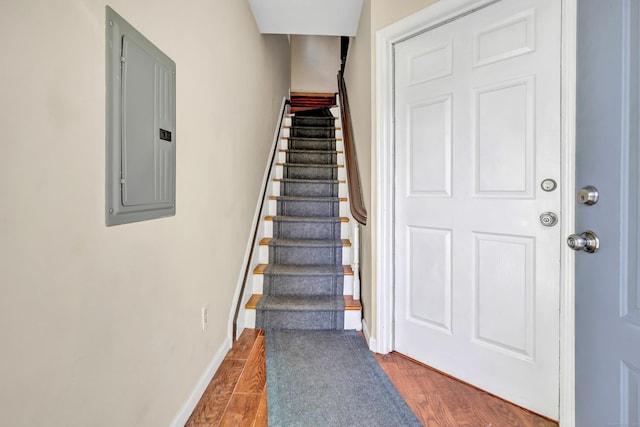 staircase featuring hardwood / wood-style floors and electric panel