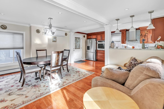 dining area with light wood-type flooring, a wall unit AC, crown molding, an inviting chandelier, and beamed ceiling