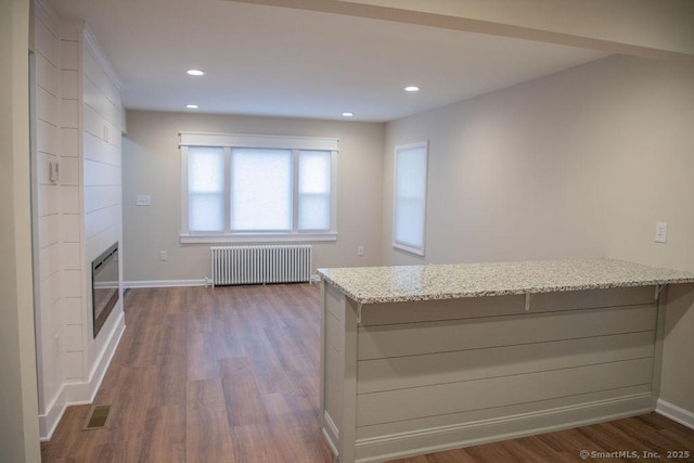 kitchen with hardwood / wood-style flooring, a large fireplace, light stone countertops, and radiator