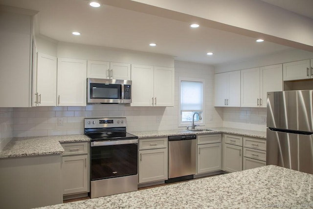 kitchen featuring tasteful backsplash, sink, white cabinets, and stainless steel appliances