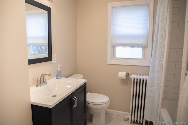 full bathroom with vanity, toilet, radiator, and shower / bath combo with shower curtain