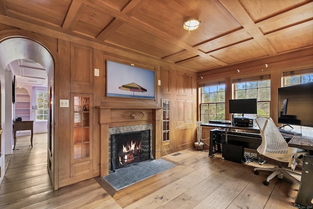 office with wooden walls, coffered ceiling, wood ceiling, light wood-type flooring, and built in shelves