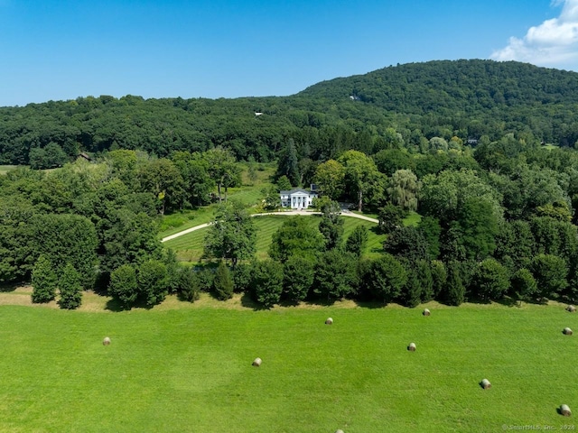 birds eye view of property with a forest view