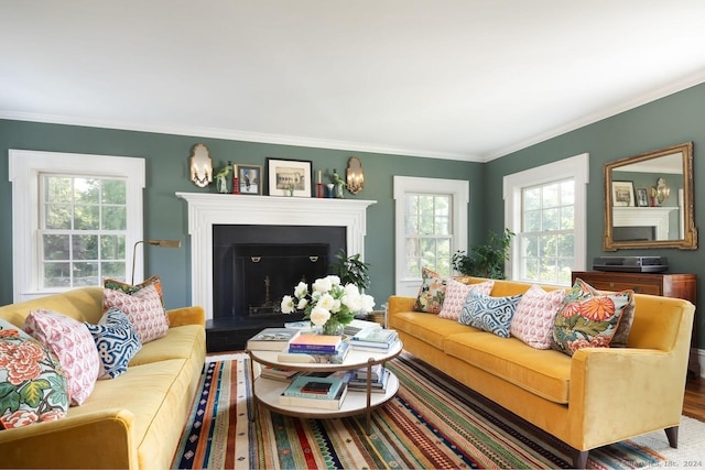 living room featuring a fireplace, ornamental molding, and wood finished floors