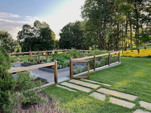 view of gate featuring a vegetable garden and a yard