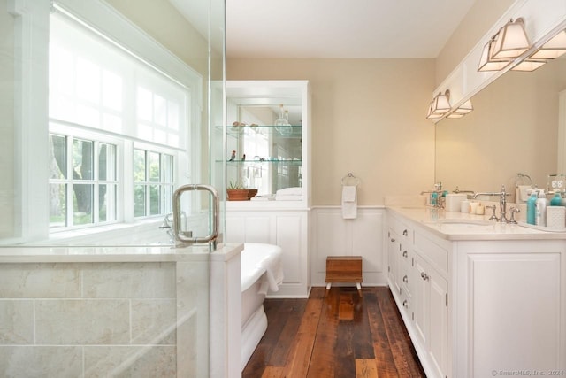 full bathroom with a wainscoted wall, wood finished floors, vanity, a freestanding tub, and a decorative wall