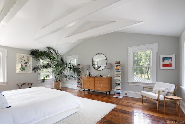 bedroom featuring vaulted ceiling with beams, dark wood-style flooring, multiple windows, and baseboards