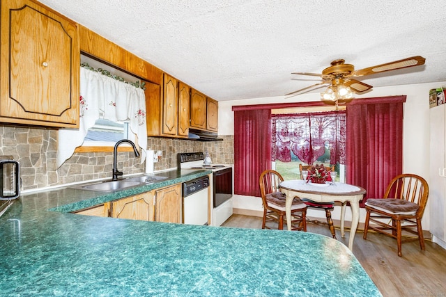 kitchen featuring a sink, under cabinet range hood, electric range oven, light wood-style floors, and white dishwasher