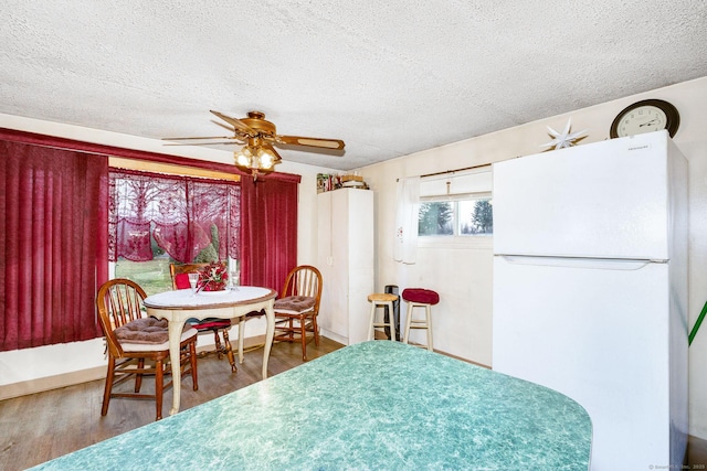 dining room with ceiling fan, wood finished floors, and a textured ceiling