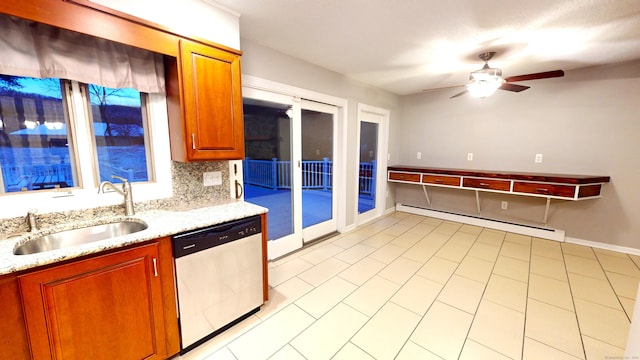 kitchen featuring backsplash, a baseboard heating unit, sink, stainless steel dishwasher, and ceiling fan